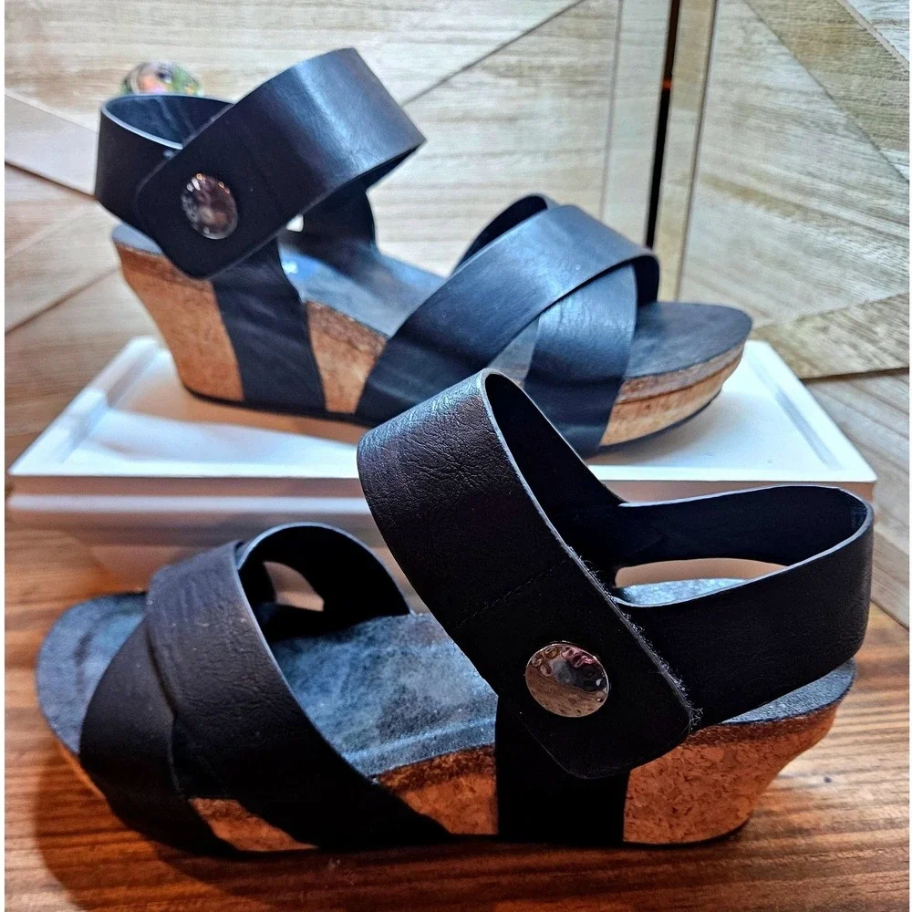 Natural Boho Wedge Chunky Sandals Wmn Sz 8 Black Cork Strappy Ankle Strap #560